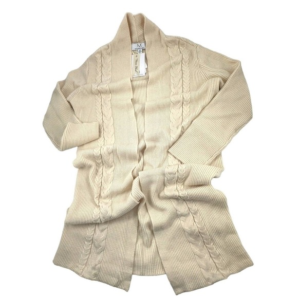 Magaschoni NEW Ivory Cable Knit Open Front Long Cardigan Incredibly Soft Size M - Picture 4 of 15